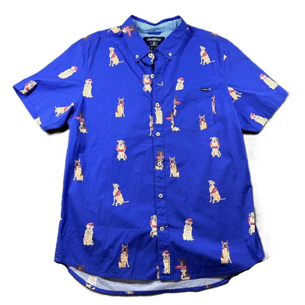 Chubbies Men Button Down Shirt Lifeguard Rescue Dogs Royal Blue Large L195